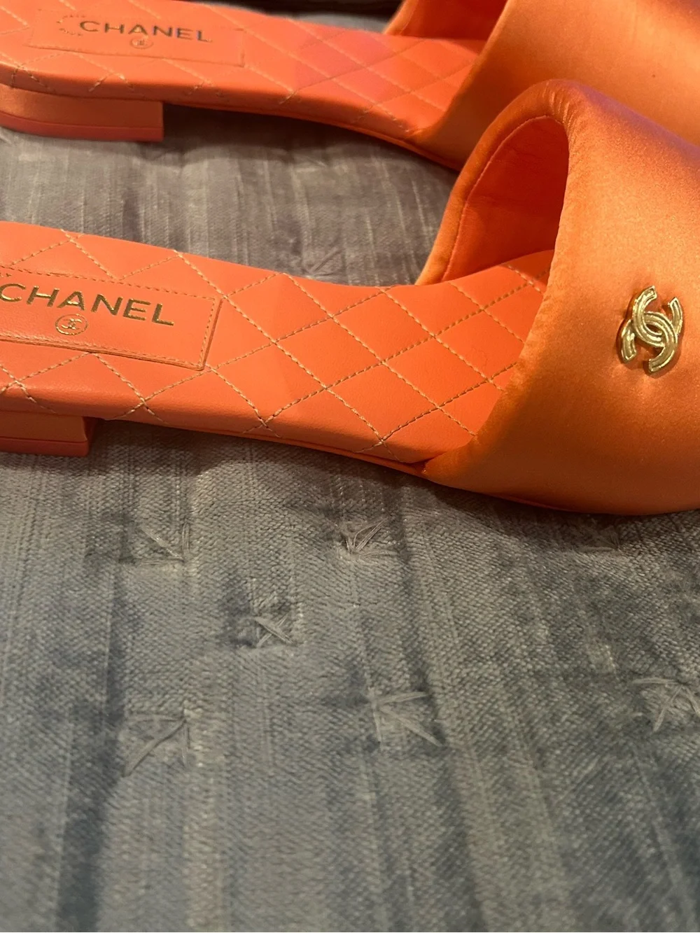 CHANEL Coral Pink Slide Sandal with Gold CC Accent